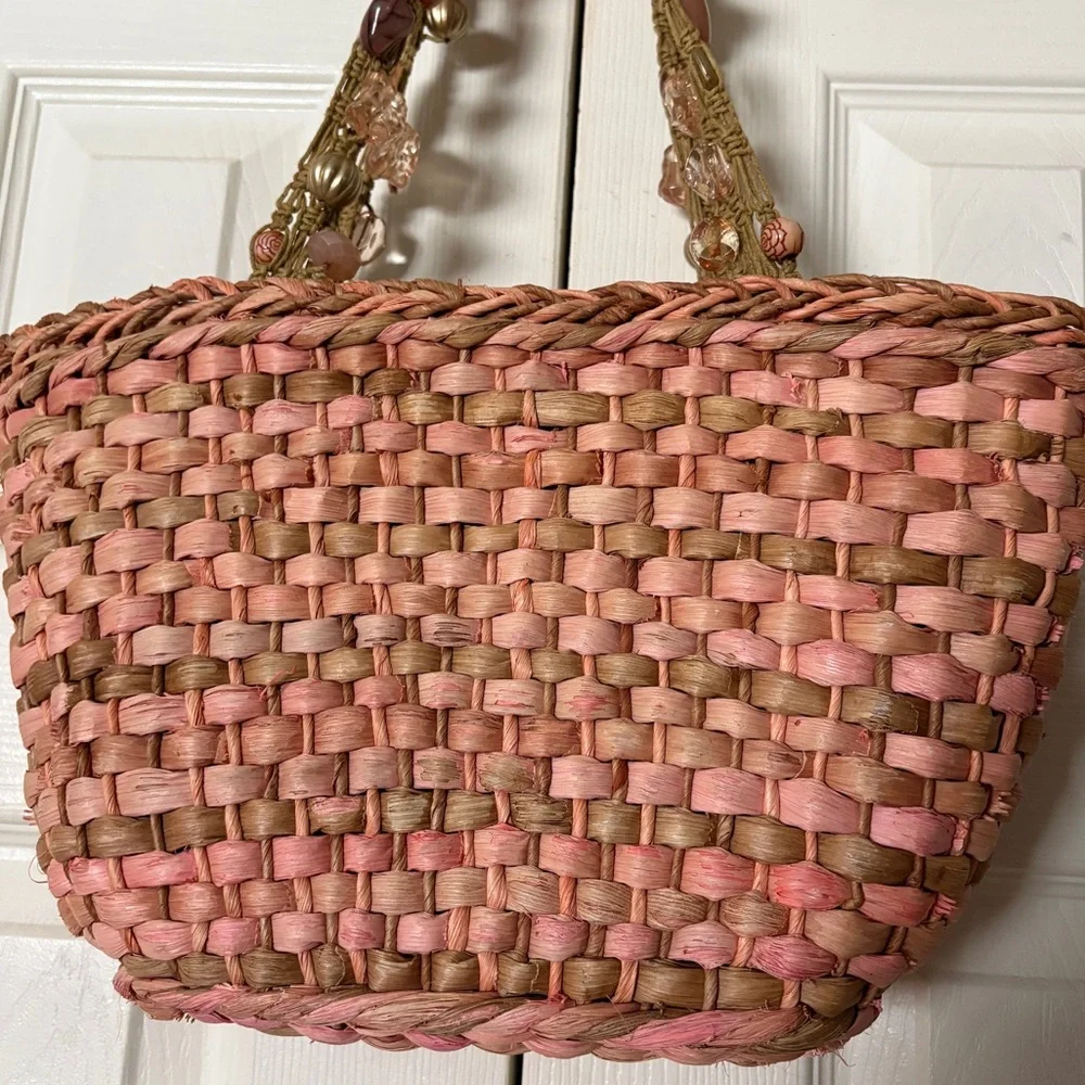 Cappelli Straworld Y2K Boho Pink Woven Shoulder Tote Style Bag w/ Beaded Straps